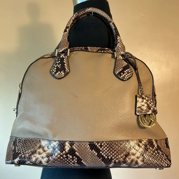 Michael Kors Smythe Khaki Small Dome Snakeskin Embossed Leather Satchel - Picture 2 of 12